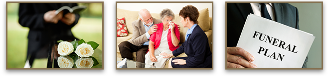 Three images showing a priest reading at a funeral, mourning family with attorney, and attorney holding Funeral Plan booklet.