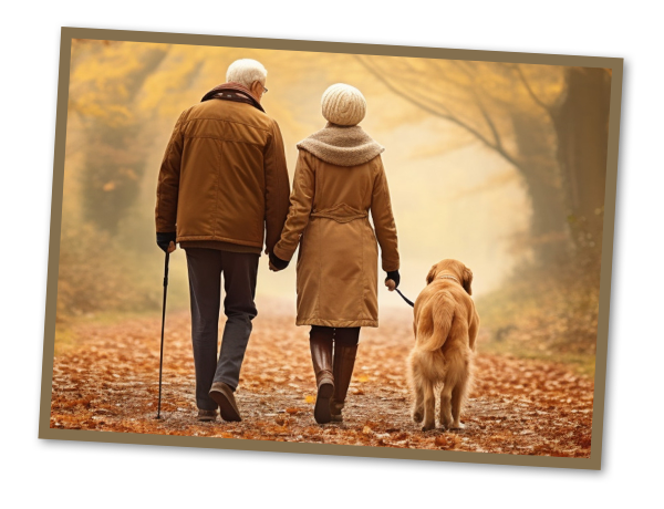 Elderly couple walking their dog on a forest trail